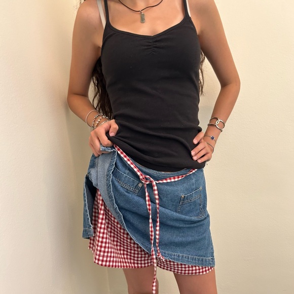 Denim Jean skirt with red and white checkered shorts underneath and tie belt - Picture 3 of 3
